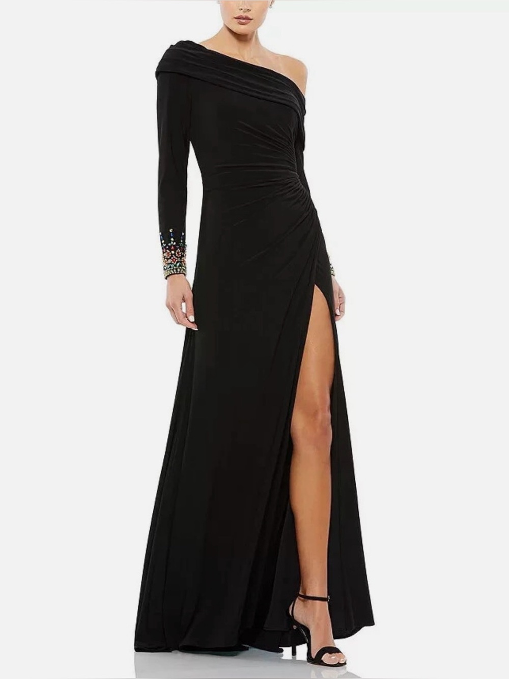 NWT Mac Duggal Black Off Shoulder Jeweled Cuff Gown Sz 2 Slit Formal Dress 12231